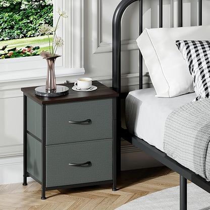 Somdot Nightstand Set of 2 with 2 Storage Drawers, Small Bedside Table End Table, Wooden Top Fabric Cabinet for Bedroom, Kids Closet, College Dorm, Entryway, Charcoal Grey