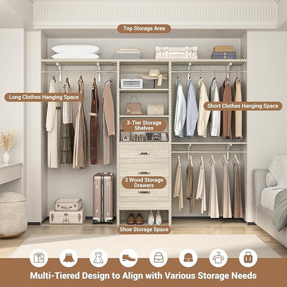 Closet System with 3 Drawers - 8FT Wood Closet Organizer with 3 Shelving Tower & Hanging Rods, 96" Walk-in Wardrobe Closet Organizer System for 4-8FT Spaces, Heavy Duty Garment Clothes Rack, White Oak