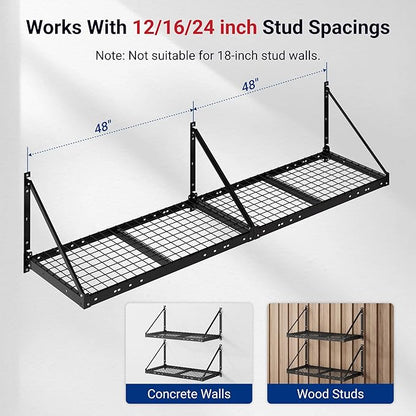 FLEXIMOUNTS 2-Pack 2x4ft Garage Wall Shelving with 4 Hooks - Heavy Duty Garage Storage System, 660 lbs Load Capacity with Brace Guardrail, Wall Mounted Organization for Bikes, Tools, Bins, Pro Series