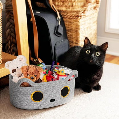 Gray Cat Toy Basket, Small Woven Cat Toy Storage Box with Cute Ears Handle Indoor, Cotton Rope Storage Bin with Embroidered Face for Home Decor, Pet Bed, Nursery Kids Room Organization