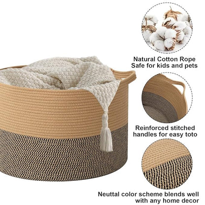115L Large Blanket Basket,23.6" L x 23.6" W x 15.7" H Rope Woven Baskets with Handles, Toys Storage Bins,Laundry Basket Perfect for Living Room, Nursery,Bedroom,Home Organization,Jute&Black