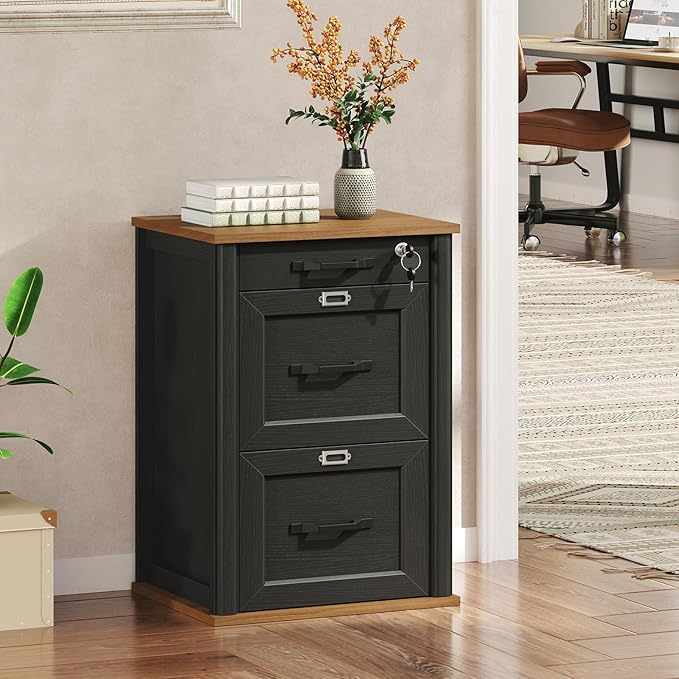 3 Drawer File Cabinet with Lock, Wooden Farmhouse Filing Cabinet with Storage Fits Letter and A4 Size, Vertical Printer Stand for Home Office, Rustic Brown and Black
