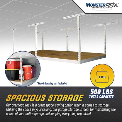 MonsterRax 4x8 Overhead Garage Storage Rack Frame Kit - Hanging Storage Shelves, Ceiling Storage Rack System, Overhead Garage Organizers And Storage, Ceiling Shelving - (White, 18"-33")