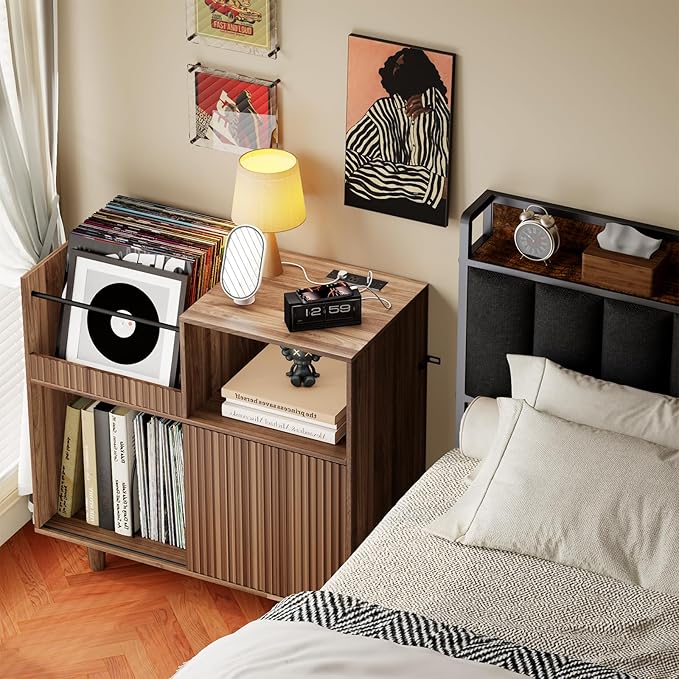 Large Record Player Stand with Power Outlets & LED Lights, Record Player Table Cabinet with Vinyl Record Storage Holds up to 300 Albums, Turntable Stand for Living Room, Bedroom