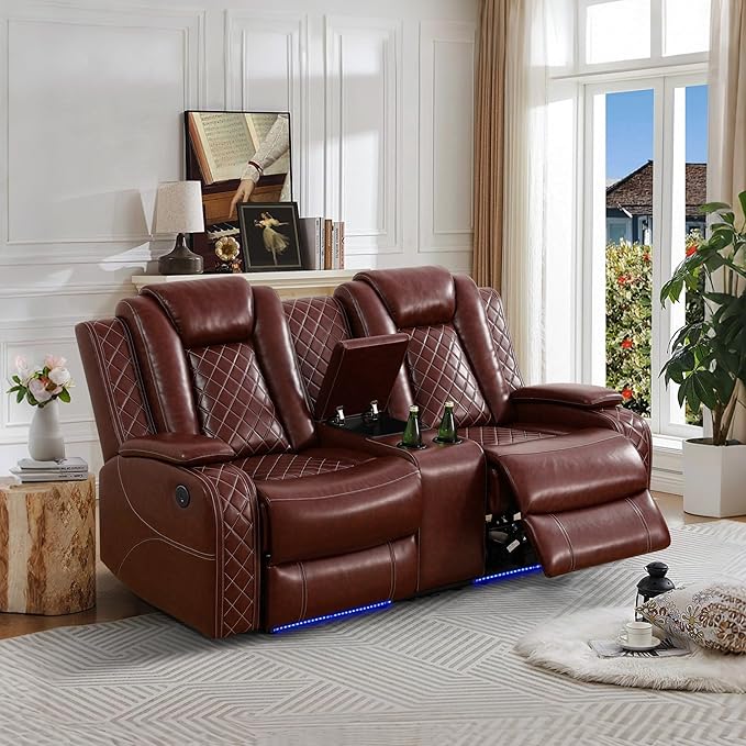 Power Recliner Loveseat Recliner Sofa, Living Room Furniture Sets with LED, Soft Leather Reclining Loveseat with Cup Holders,Hidden Storage,Double Seat Recliner Couch for Living Room,Office