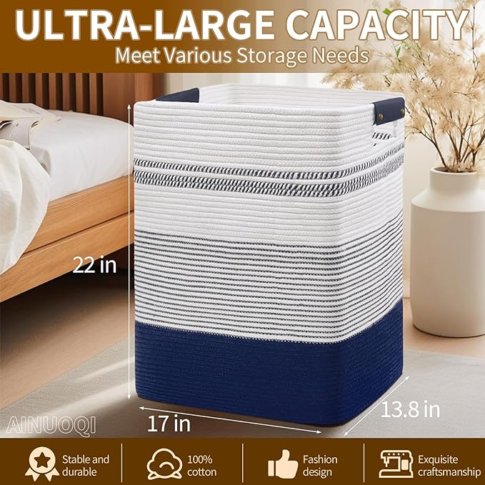 Large Laundry Basket - Tall Woven Rope Laundry Hamper with Leather Handles - Dirty Clothes hamper for Living room, Bedroom, 17" X 13.8" X 22", Dark Blue & White