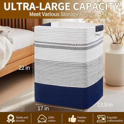 Large Laundry Basket - Tall Woven Rope Laundry Hamper with Leather Handles - Dirty Clothes hamper for Living room, Bedroom, 17" X 13.8" X 22", Dark Blue & White