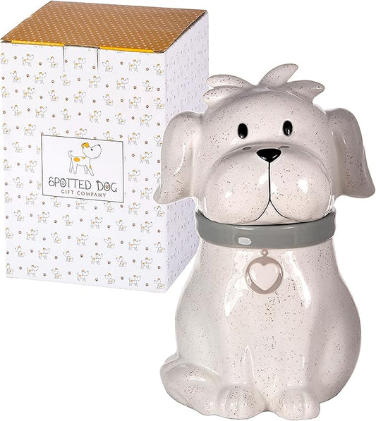 SPOTTED DOG GIFT COMPANY Ceramic Cookie Jar with Lid, Large Dog Treat Jar for Cookies & Biscuits, Cute Novelty Storage Container for Kitchen Counter, Gifts for Dog Lovers - 49oz White