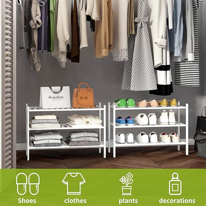 BMOSU 3-Tier Bamboo Shoe Rack Premium Stackable Shoe Shelf Storage Organizer for Hallway Closet Living Room Entryway Organizer(White Bamboo)