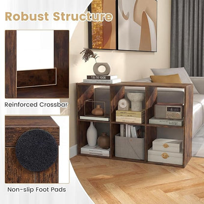 Giantex 6-Cube Bookcase, Cubby Bookshelf w/Back Guardrail & Anti-Tipping Kits, 9-Tier Freestanding Storage Organizer with Shelves, Open Back Display Rack for Living Room, Bedroom, Study, Rustic Brown