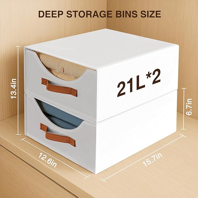 Stackable Storage Drawers - Large Collapsible Storage Bins with Drawers, 8 Pack Closet Shelf Organizer Basket, Fabric Pull Out Organizer for Bedroom, Living Room, Dorm, White