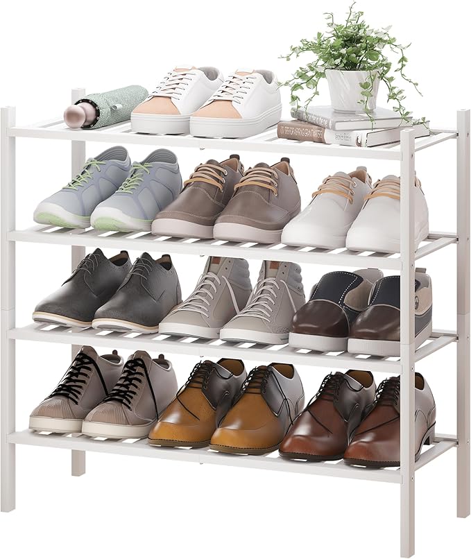 BMOSU 4-Tier Bamboo Shoe Rack Premium Stackable Shoe Shelf Storage Organizer for Hallway Closet Living Room Entryway Organizer(White Bamboo)