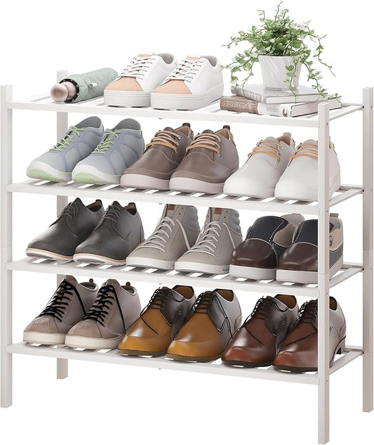 BMOSU 4-Tier Bamboo Shoe Rack Premium Stackable Shoe Shelf Storage Organizer for Hallway Closet Living Room Entryway Organizer(White Bamboo)