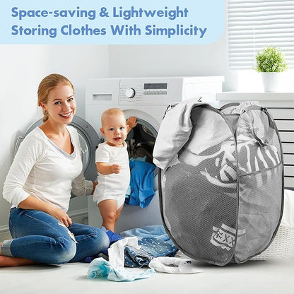 DUCOO Pop Up Hamper, 1 PCS Mesh Pop Up Laundry Hamper, Foldable Mesh Laundry Basket with Space-Saving Design for Home, Dorm, Travel & Storage - Gray