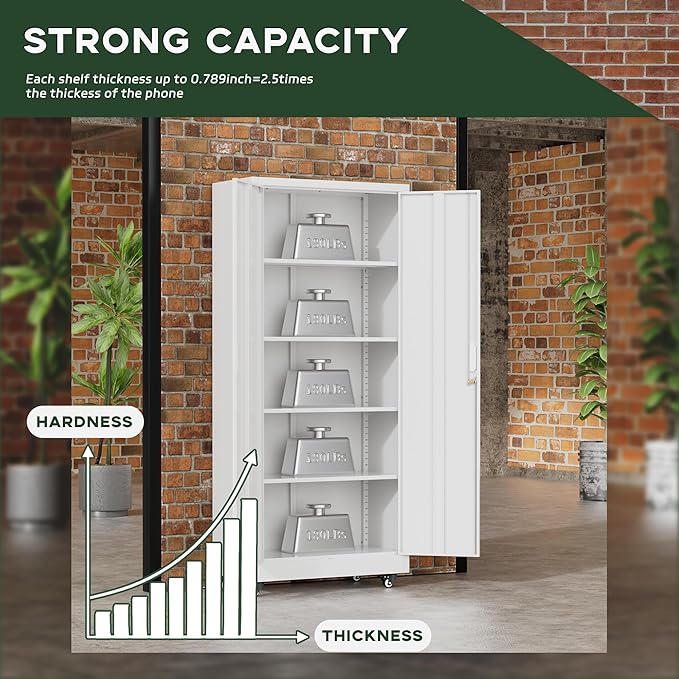 Greenvelly 73" Rolling Storage Cabinet,White Metal Garage Cabinet with Locking Doors and 4 Adjustable Shelves for Home,Kitchen,Office,Warehouse(32" W x 16" D,Wheels)