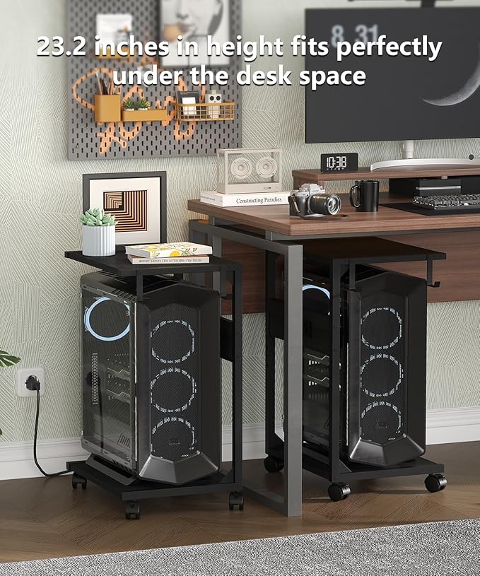 2 Tier Computer Tower Stand with Charging Station, 11.8" D x 16.5" W Rolling Floor PC Tower Stand Fits Under Desk, CPU Holder Cart for Carpet with Hooks, Home Office