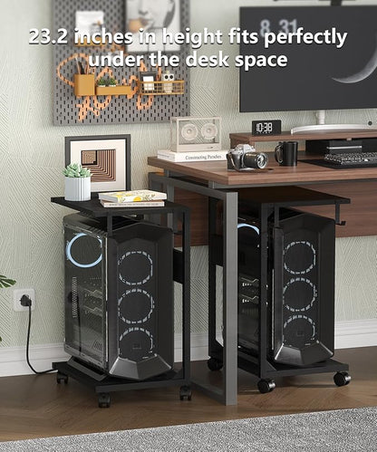 2 Tier Computer Tower Stand with Charging Station, 11.8" D x 16.5" W Rolling Floor PC Tower Stand Fits Under Desk, CPU Holder Cart for Carpet with Hooks, Home Office