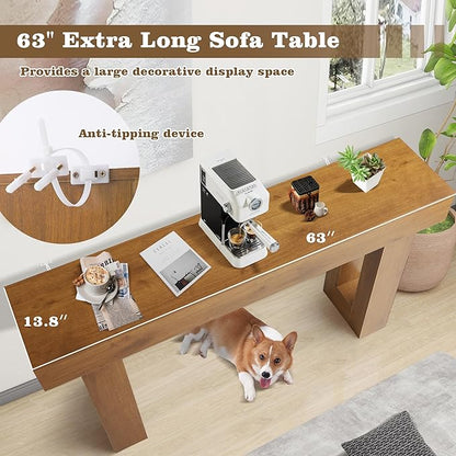 Depeht 63" Long Entryway Console Table, Wooden Farmhouse Sofa Behind Couch Table with Thickened Base, Large Industrial Hallway Accent Furniture for Living Room, Entrance, Foyer, Hallway (Natural)