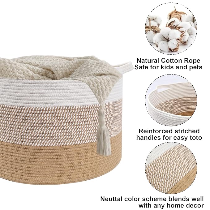 65L Large Blanket Basket,19.7" L x 19.7" W x 13" H Rope Woven Baskets with Handles, Toys Storage Bins,Laundry Basket Perfect for Living Room, Nursery,Bedroom,Home Organization,Yellow