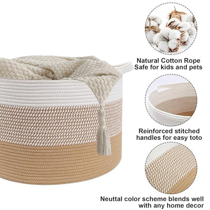 65L Large Blanket Basket,19.7" L x 19.7" W x 13" H Rope Woven Baskets with Handles, Toys Storage Bins,Laundry Basket Perfect for Living Room, Nursery,Bedroom,Home Organization,Yellow