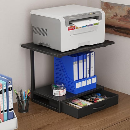 YAOHUOO 2-Tier Desktop Printer Stand with Fabric Drawer, Prtiner Table with Storage Shelf, Desk Organizer for Home Office,3D Printer,Fax Machine,Scanner, 19.6"x14.9" Black