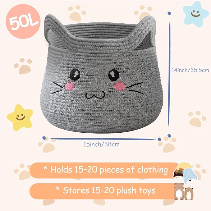 OMERAI Animal Cat Basket, Cute Cotton Rope Woven Large Blanket Basket, Toy Storage for Nursery decor and Laundry Organizer with Handles, baby hamper shower gift, 15"D x 12.6"H, Grey Open Eyes