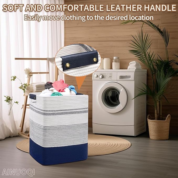Large Laundry Basket - Tall Woven Rope Laundry Hamper with Leather Handles - Dirty Clothes hamper for Living room, Bedroom, 17" X 13.8" X 22", Dark Blue & White