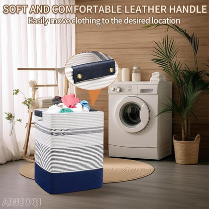 Large Laundry Basket - Tall Woven Rope Laundry Hamper with Leather Handles - Dirty Clothes hamper for Living room, Bedroom, 17" X 13.8" X 22", Dark Blue & White