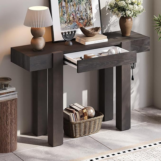 Rustic Minimalist Solid Wood Console Table with Hidden Drawer & Side Power Outlet – Entryway, Living Room, Home Office Furniture with 80mm Thick Legs & Spliced Tabletop Design (Espresso)
