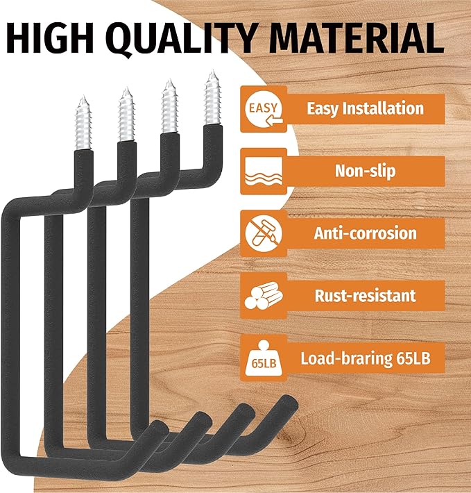 HUHOLE Heavy Duty Ladder Hooks for Garage Wall (4 Pack) – Screw-in Utility Hangers with Vinyl Coating – 5.7 Inch Wall Mount Storage Brackets for Hanging Ladders, Chairs