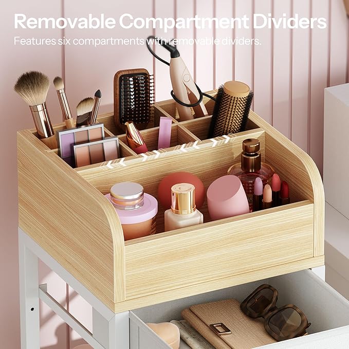 HOOBRO Makeup Organizer Cart with Fabric Drawers, Mobile Makeup Storage with Swivel Casters and Leveling Feet, Cosmetics Display Holder for Bathroom and Bedroom Vanity, White and Natural WN20TC04