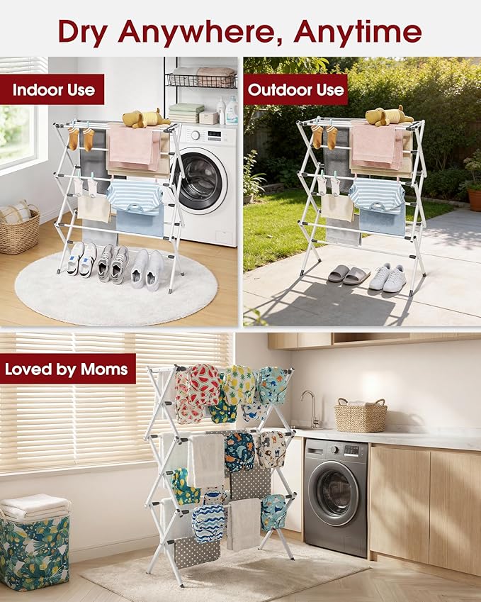 Foldable Clothes Drying Rack – Metal Laundry Drying Rack with Non-Slip Feet, 3-Tier Space-Saving Clothing Rack for Organization, Indoor & Outdoor Use, 11.4"D x 29.1"W x 37.4"H, White and Black