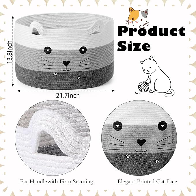Zopeal Cat Basket Storage Woven Organizer with Ears Easter Decorative Gift Pet Toy Cute Cotton Rope Basket for Gift Cat Dog Toy Bin Nursery Room(21.7 x 13.8 Inch,White, Light Gray and Gray)