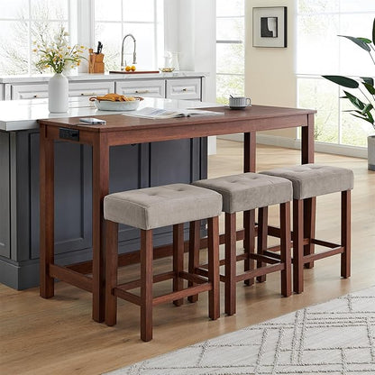 59" Power Outlet Mid Century Console Table, Slim Console Table with Solid Wood Frame, Long Narrow Console Tables for Living Room & Kitchen, Cherry