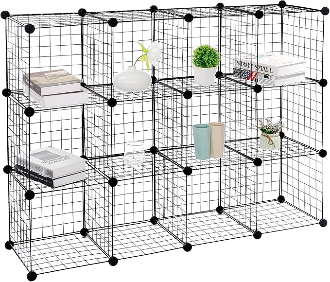 SUPER DEAL Metal Wire Cube Storage Organizer, 12 Cubes DIY Modular Cabinet Bookcase Bookshelf Shoe Rack Stackable Wire Cube Closet for Home, Office, Living Room, Bedroom