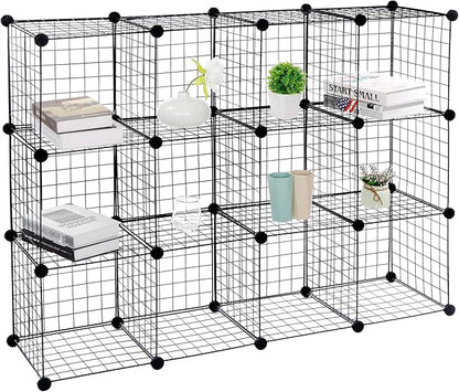 SUPER DEAL Metal Wire Cube Storage Organizer, 12 Cubes DIY Modular Cabinet Bookcase Bookshelf Shoe Rack Stackable Wire Cube Closet for Home, Office, Living Room, Bedroom