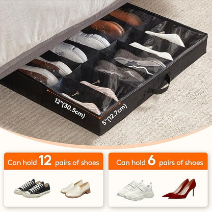 Lifewit Under Bed Shoe Storage Organizer 3 Pack(12 Pairs), 4.3" Tall Fabric Shoes Container Box, Foldable Closet Shoe Bag with 2 Reinforced Handles and Clear Cover, Black