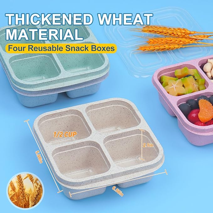 Snack Containers (4 Pack), 4 Compartments Snackle Box Container, Meal Prep Reusable Lunchable Container for Adults, Microwave Dishwasher Safe, Stackable Bento Snack Boxes for Work, Travel