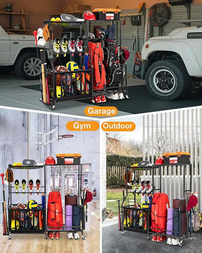 Garage Sports Equipment Organizer with Wheels - Golf Bag Storage Rack and Ball Storage Bins, Heavy Duty Rolling Garage Organizer System with Basket and Hooks for Indoor (Black-Large)