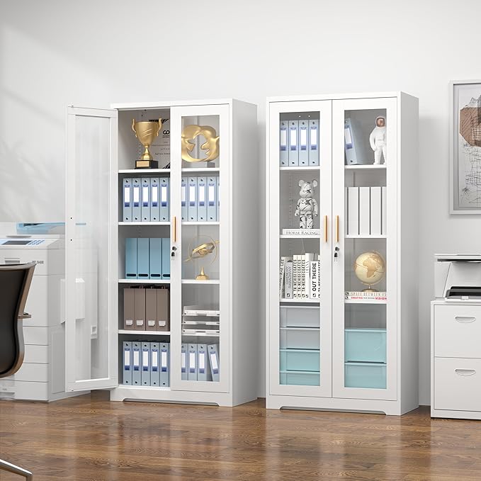 Display Cabinet with Glass Doors, 71'' Tall Curio Cabinets with Lock, Metal Glass Display Case for Collectibles, Living Room, School, Commercial, White, Assemble Required