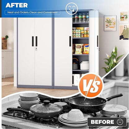 INTERGRAET 63" Pantry Cabinet, Kitchen Pantry Storage Cabinets with 2 Doors and 4 Shelves,Gray White Metal Storage Cabinet,Cupboard for Home,Kitchen,Living Room/Dining