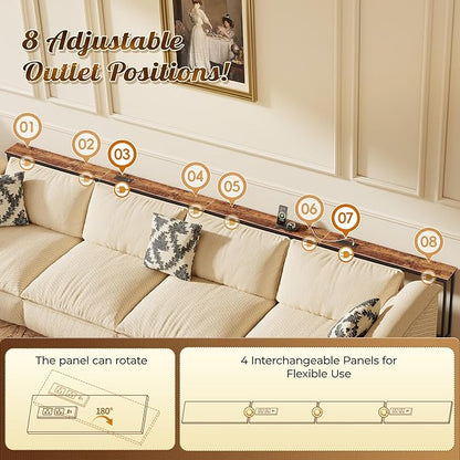 Huuger 149.6 Inch Sofa Table with Power Outlets and USB-C Ports, 5.9 Inch Narrow Entryway Table, Behind Couch Table with Storage, Extra-Long Console Table, Living Room, Rusitc Brown