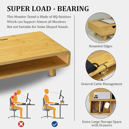 Homerays Monitor Stand with Drawer, Exquisite Computer Monitor Stand for Desk, Ergonomic Wood Monitor Stand Riser for Computer,Laptop,Printer,TV,Upgrade Bamboo