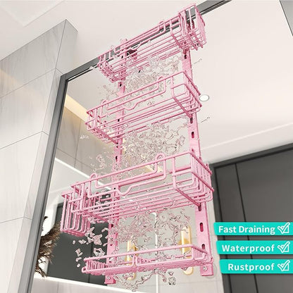 HapiRm Hanging Shower Caddy Organizer - Shower Shelf with 22 Hooks and 2 Toothbrush Holders, No Drilling Adjustable Hanging Bathroom Organizer - Pink