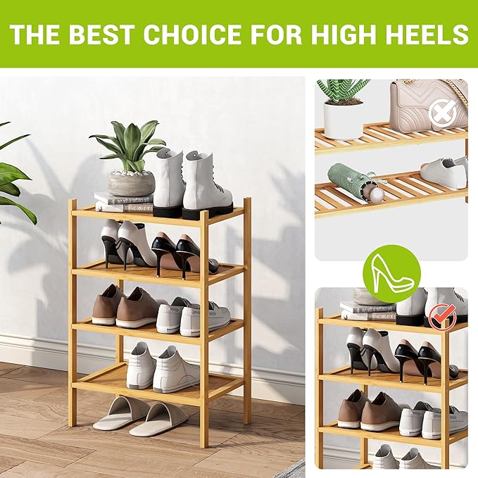 BMOSU 4-Tier Bamboo Small Shoe Rack Premium Stackable Shoe Shelf Storage Organizer for Hallway Closet Living Room Entryway Organizer(Natural)