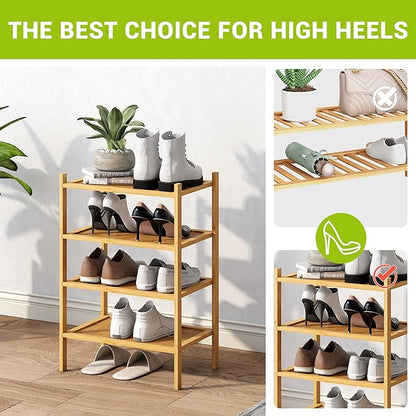 BMOSU 4-Tier Bamboo Small Shoe Rack Premium Stackable Shoe Shelf Storage Organizer for Hallway Closet Living Room Entryway Organizer(Natural)