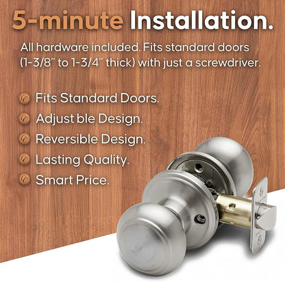 Copper Creek Colonial Passage Interior Door Knob – ANSI Grade-3 Certified, Modern Heavy Duty Handle, Easy Install and Reversible for Bedroom, Bathroom and Closets – Satin Stainless (1 Pack)