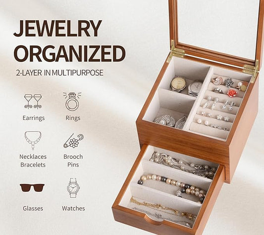 Jewelry Box with Glass Lid, 2 Layer Jewelry Organizer for Women, Solid Wooden Jewelry Box Display for Ring Earrings Necklace Bracelet, Pine Wood Jewelry Boxes Vintage Style for Gifts