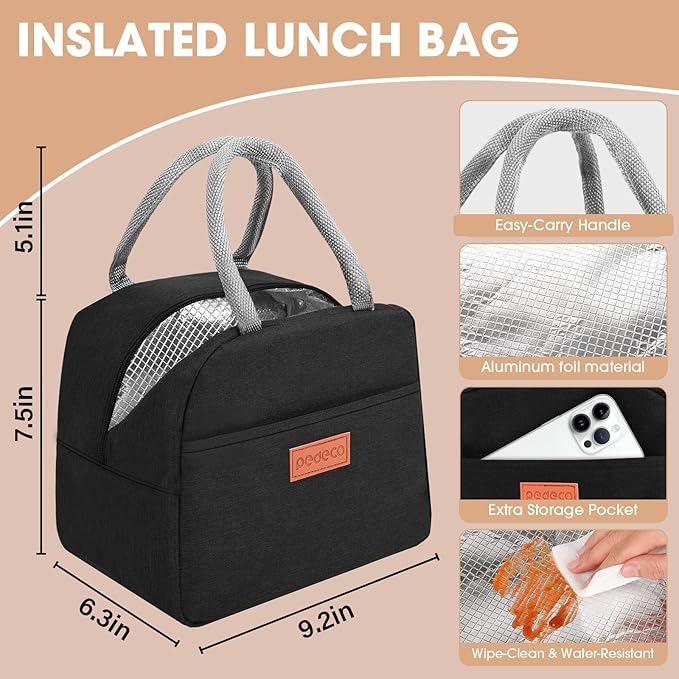 All-in-one Bento Lunch Box Set for Adults & Kids with Insulated Bag, Leakproof 3-Compartment and 2-Tier Stackable Container with Portable Sauce Pod, Microwave/Dishwasher Safe, BPA-Free (White)