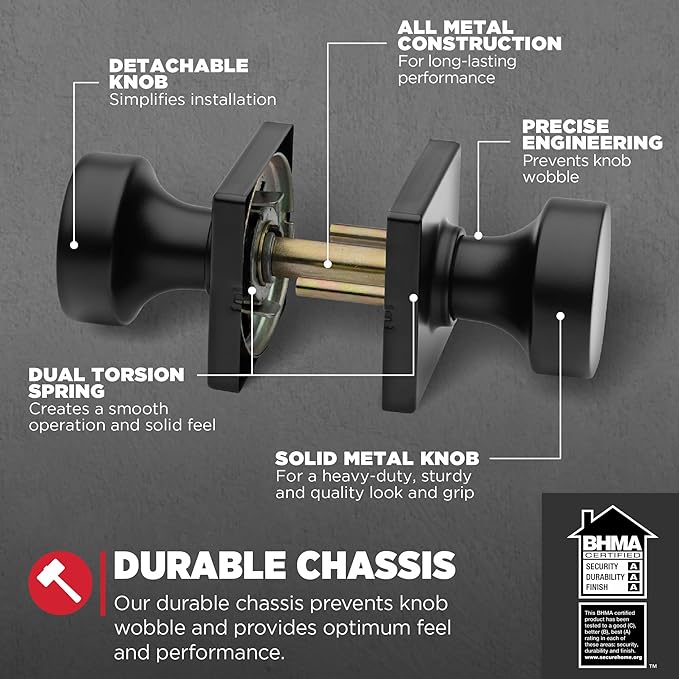Kwikset Pismo Interior Passage Door Knob,Handle for Closet and Hallway Doors,Non-Locking Doorknob in Matte Black,with Microban Protection,(Pack of 4)